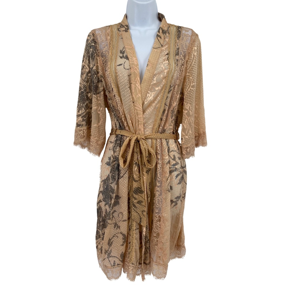 Anthropologie Eloise Kimono Women XS/S Tan Lace Sheer Floral Belted Intimates